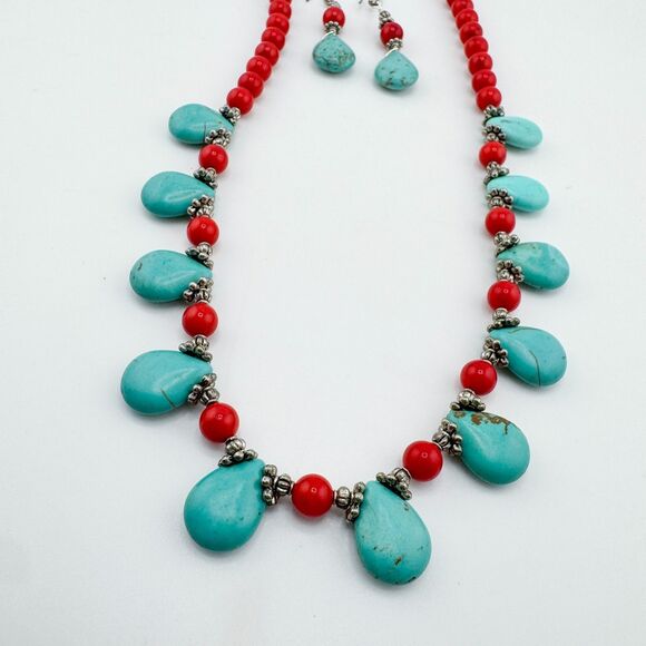 Turquoise & Red Coral Beaded Necklace Set Teardrop Toggle Earrings Southwestern - Picture 7 of 16